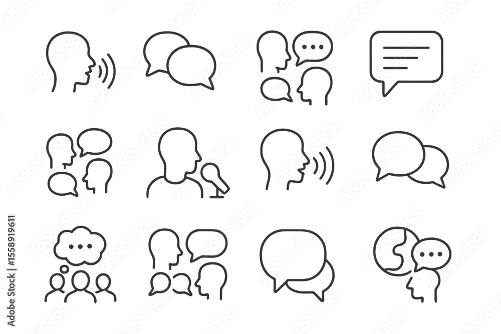 Poster varied communication icons depicting conversations and dialogue exchanges among diverse individuals 
