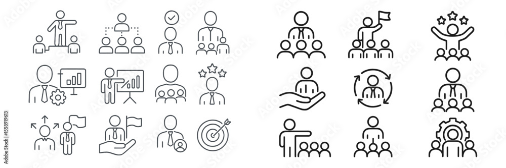 Poster varied icons representing leadership, teamwork, and productivity concepts in a minimalist design sui