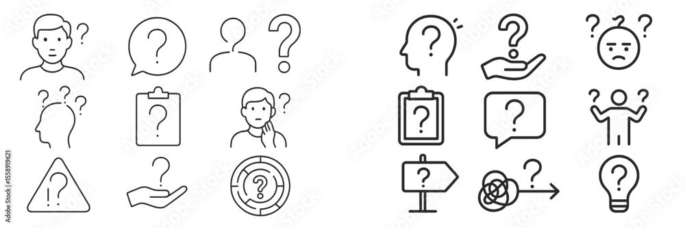 Poster collection of question mark illustrations representing confusion, uncertainty, and inquiry in variou