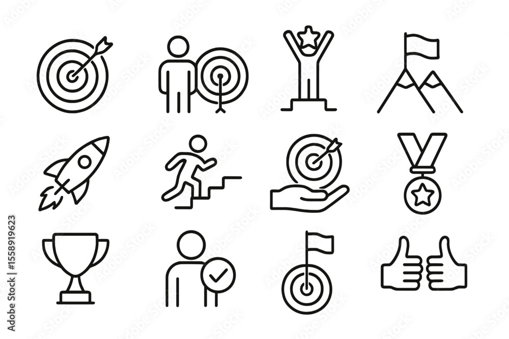 Poster symbols representing achievement and goal setting in various activities and competitions