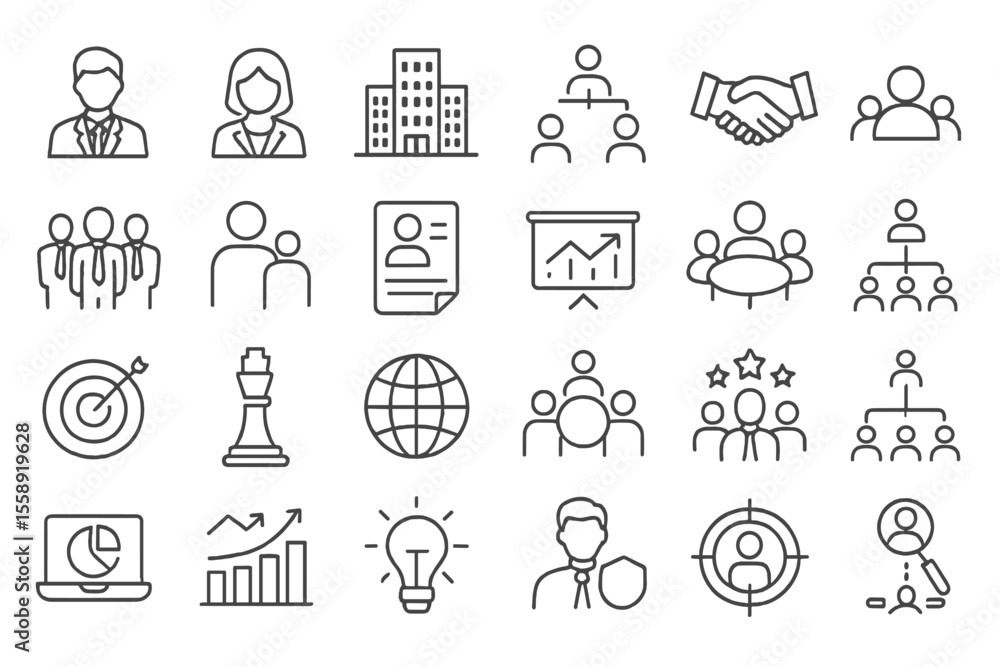 Poster collection of business and teamwork icons representing professional activities and collaboration in 