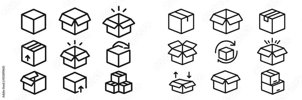 Poster Collection of simple line icons representing various box designs and packaging concepts suitable for graphic design projects