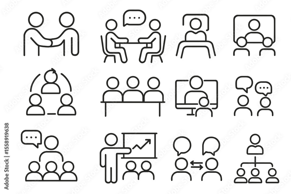 Poster icons representing various business communication techniques and teamwork concepts for presentations