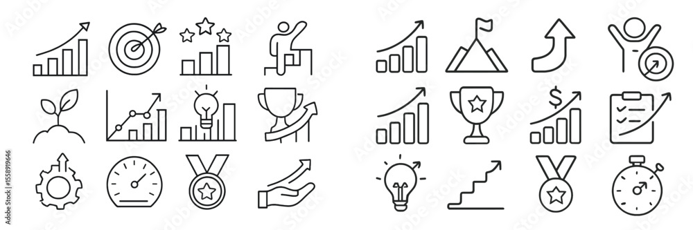 Poster growth indicators and success symbols in a minimalistic black and white outline style