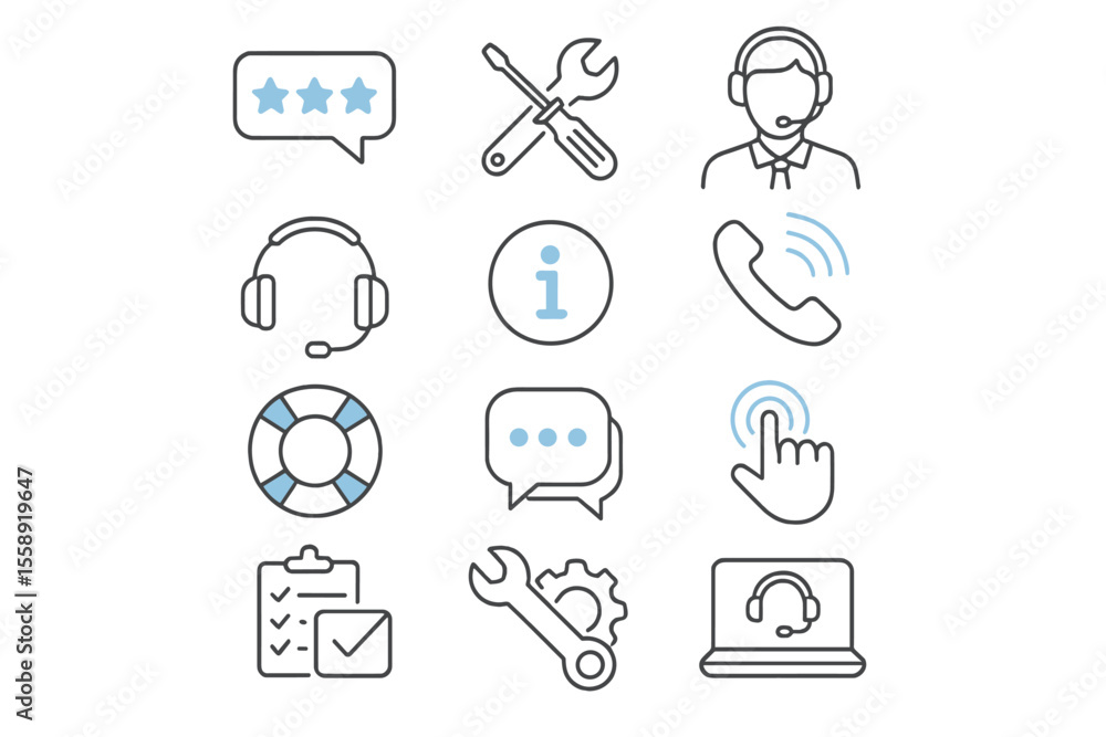 Poster Graphic representation of customer support elements depicting various tools and communication methods