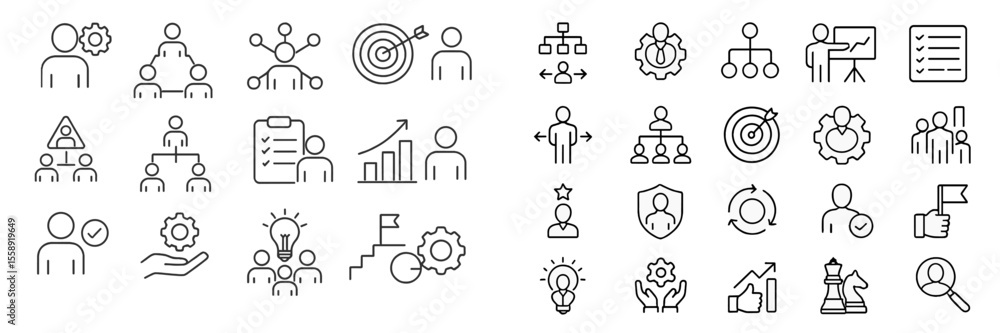 Poster Collection of simple line icons representing business concepts and teamwork in a collaborative environment