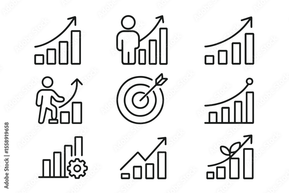 Poster line art symbols showing growth metrics, target achievement, and progress tracking in a business con