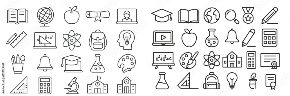 Poster collection of educational icons representing various subjects and activities related to learning and