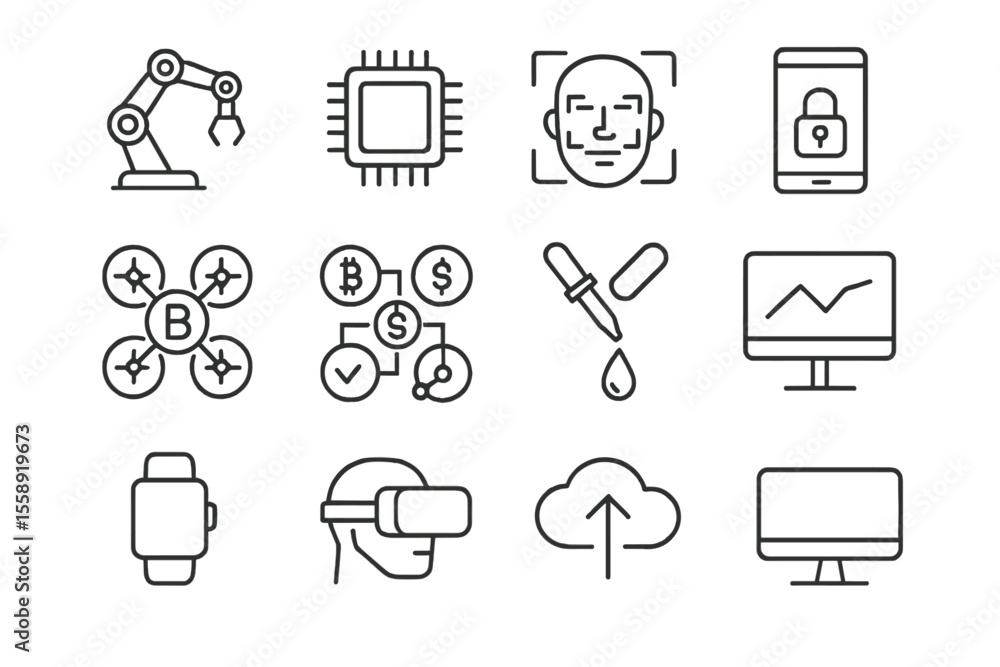 Poster Graphic representation of technology concepts including robotics, blockchain, and virtual reality in a digital layout