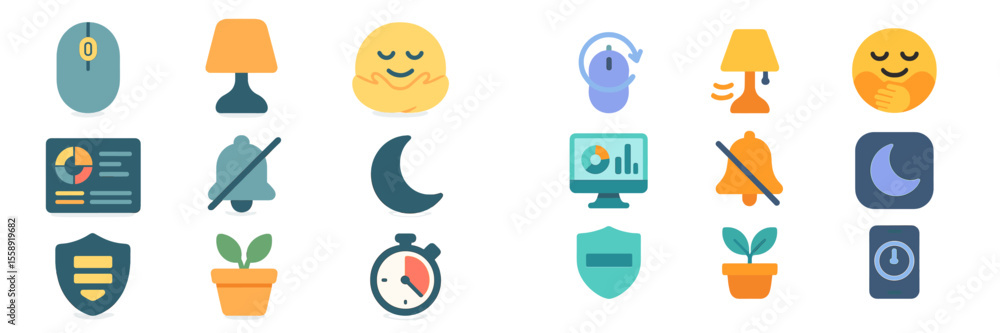 Poster collection of colorful icons showcasing various digital tools and symbols for productivity and welln