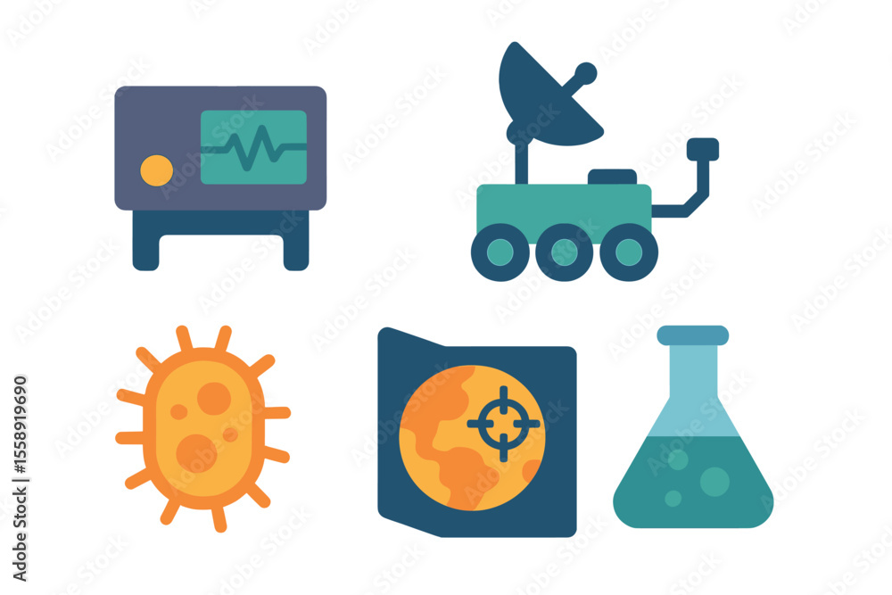 Poster exploring the world of science with illustrations of technology, biology, and space exploration conc