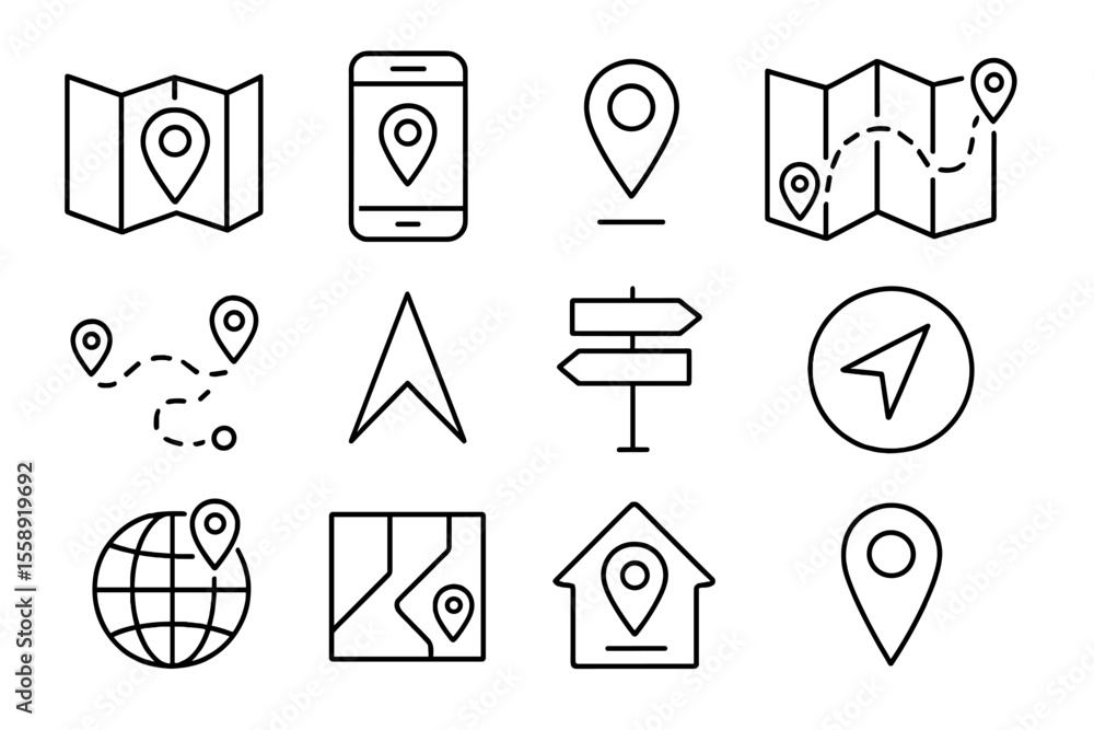 Aufkleber Collection of location and navigation icons illustrating modern mapping and travel tools for efficient wayfinding