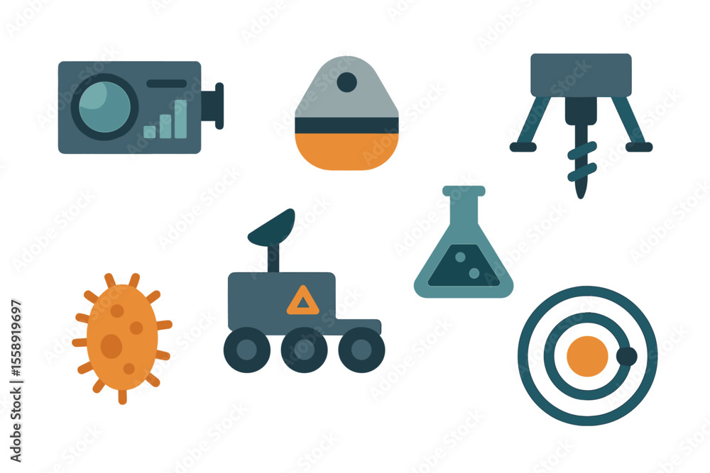 Poster Exploring technological devices and scientific symbols representing innovation in research and development