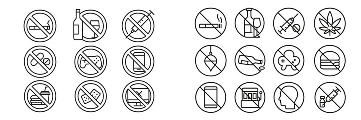 Collection of prohibition symbols on various substances and behaviors for public awareness campaign