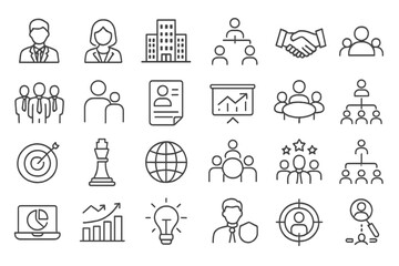 Collection of business and teamwork icons representing professional activities and collaboration in a corporate environment