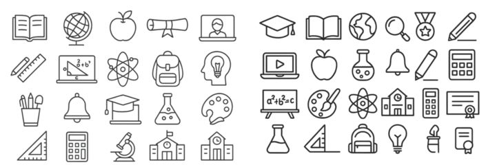  Collection of educational icons representing various subjects and activities related to learning and school life © Zaleman