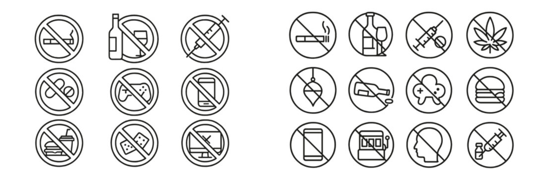 Collection of prohibition symbols on various substances and behaviors for public awareness campaign