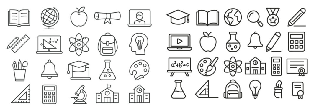 Collection of educational icons representing various subjects and activities related to learning and school life