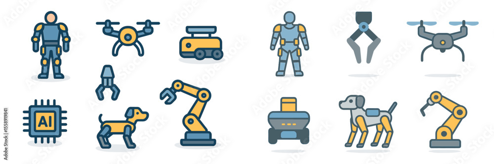 Aufkleber Collection of robotics and artificial intelligence icons in a modern, clean design showcasing various devices and applications