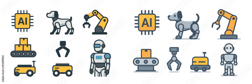 Poster Collection of illustrated icons representing various AI and robotics technologies used in automation and their applications in different sectors