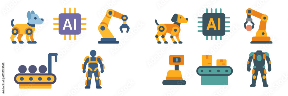 Poster Discovering advancements in robotics and artificial intelligence in a colorful illustration depicting various designs and functions