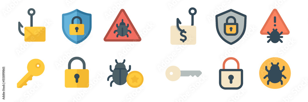 Poster digital security icons illustrating phishing, malware, and data protection concepts with varied desi