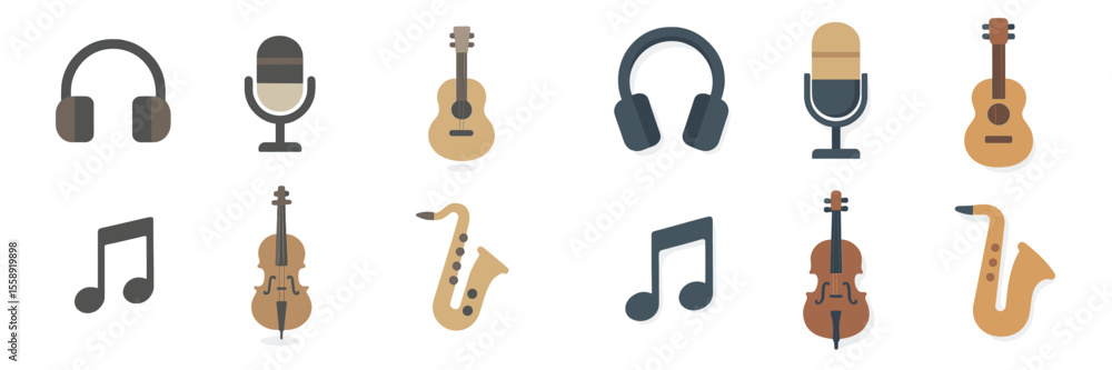 Poster musical icons and instruments arranged in a creative layout showcasing diverse musical genres and au
