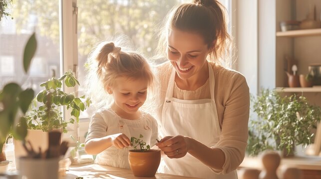 Mother and daughter gardening together in bright kitchen during afternoon sunlight - Powered by Adobe