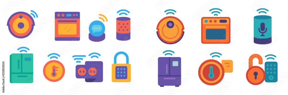 Poster smart home technology icons representing various connected devices and appliances for modern living 
