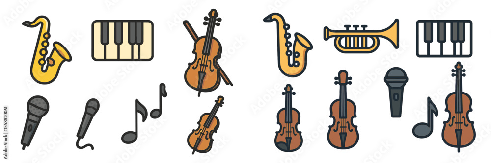 Poster colorful illustrations of various musical instruments and notes in a modern art style