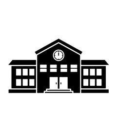 Black School Building Icon with Clock and Flag. This universally recognized symbol is ideal for educational themes, learning, academic settings, and community services