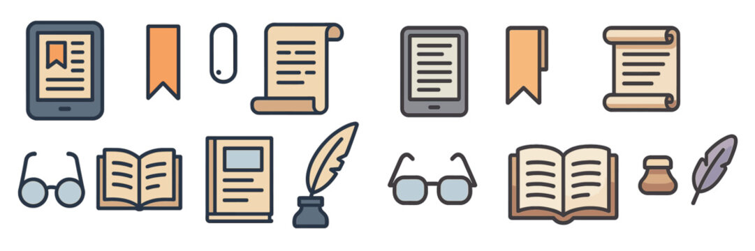 Illustration of reading and writing tools for literary enthusiasts in a modern and vintage style
