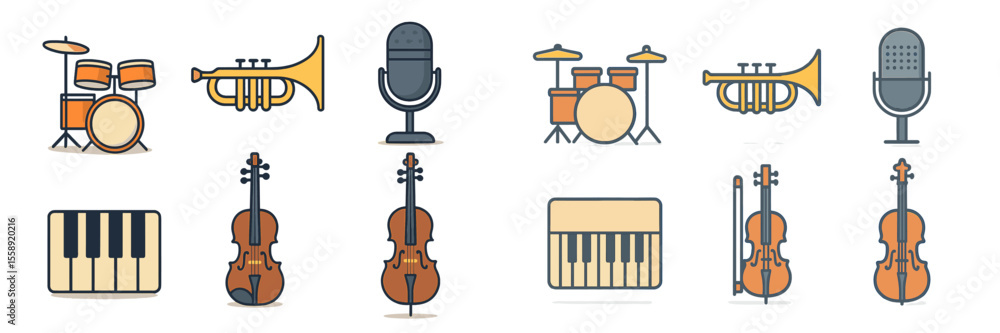 Poster various musical instruments and equipment set against a neutral background showcasing diversity in s