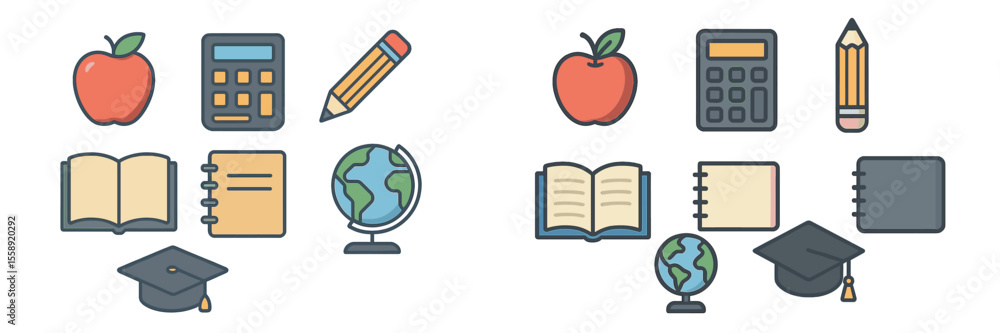Poster educational icons featuring apples, books, and calculators representing learning and knowledge acqui