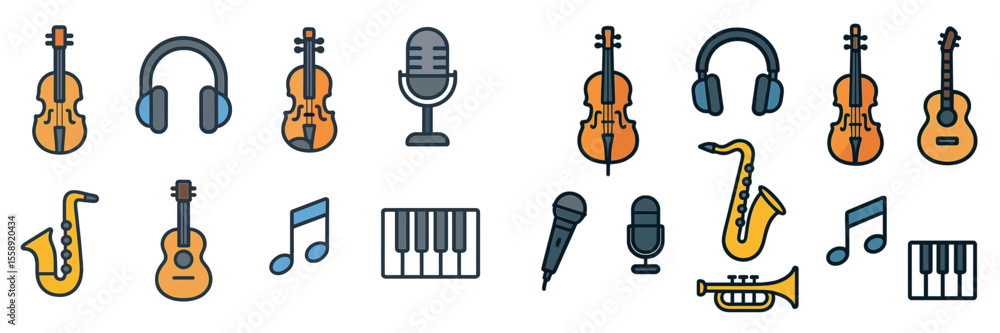 Aufkleber Colorful musical instruments and symbols arranged in a creative pattern, showcasing the diversity of music elements and sound instruments