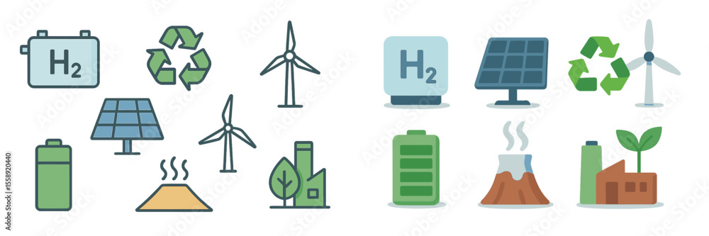 Aufkleber renewable energy symbols and icons illustrating sustainable technology and practices in modern socie