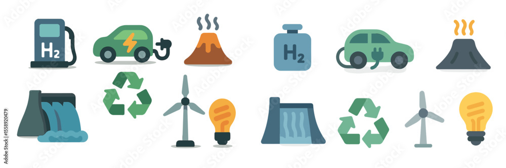 Aufkleber icons representing renewable energy sources and sustainable practices showcasing innovation in envir