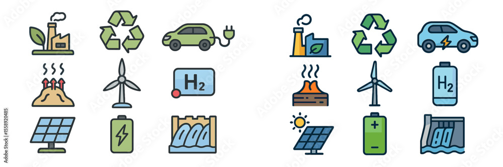 Aufkleber renewable energy icons showcase various sustainable technologies and methods for clean power generat