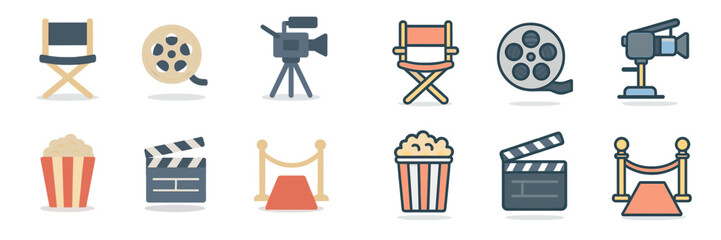 Movie production icons including cameras, clapperboards, and seats in a digital format