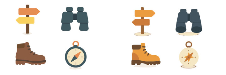 Obraz premium Exploring outdoors with tools like binoculars, compasses, boots, and trail signs for a guided adventure