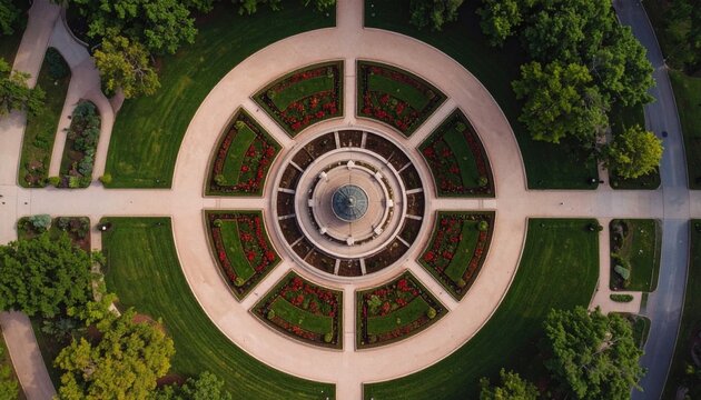 Aerial View Of Formal Circular Garden With Rosebeds