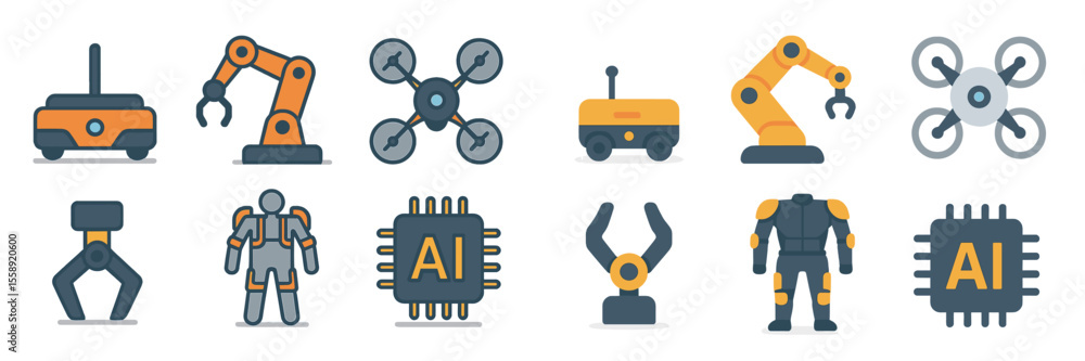 Poster Various icons representing robotics and artificial intelligence technologies including drones, robotic arms, and computer chips