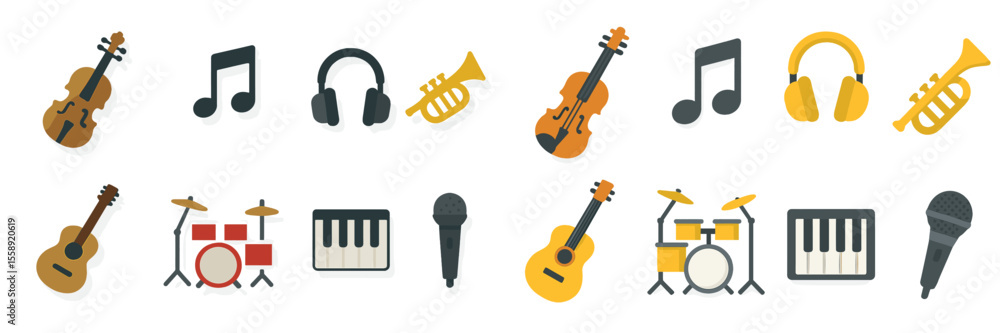 Poster Musical instruments and notes illustrated in a modern design showcasing various sound elements