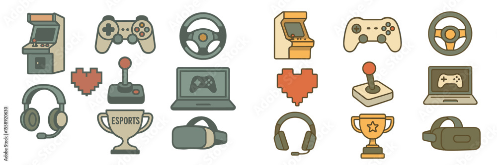 Aufkleber collection of gaming icons representing various gaming activities and platforms in a colorful and pl
