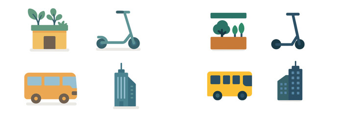 Various playful illustrations of transportation and urban elements featuring scooters, buses, and buildings