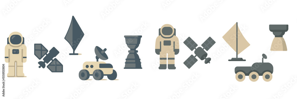 Poster exploration themed digital illustrations featuring space technology and astronauts engaged in variou
