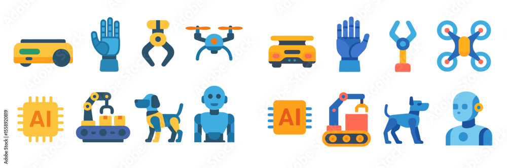 Poster Exploration of artificial intelligence and robotics through colorful icons representing various technologies