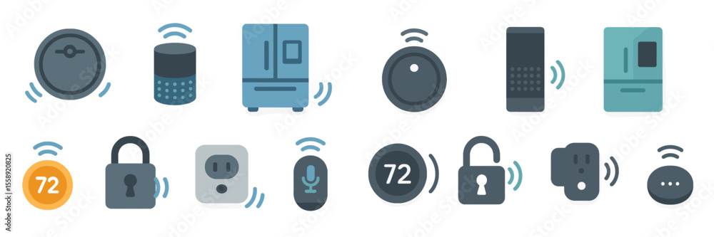 Poster Smart home technology icons displayed in a modern layout showcasing various devices and functions available in daily life