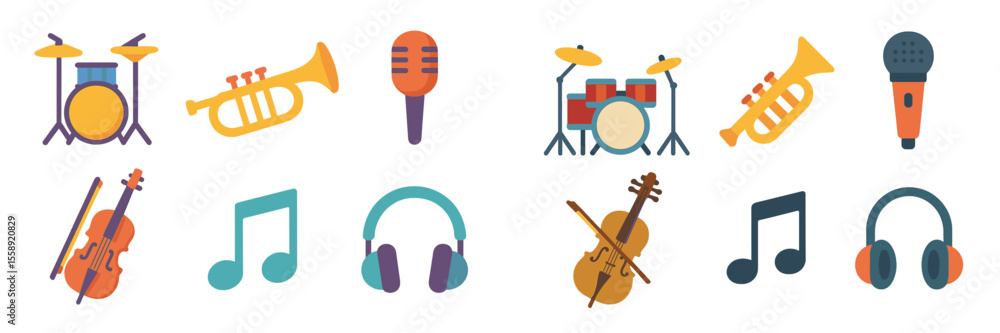 Poster colorful musical instruments and symbols arranged neatly illustrating various music elements and gen