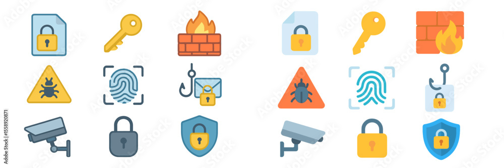 Poster security icons depicting digital protection, threats, and safe practices in a modern cybersecurity c
